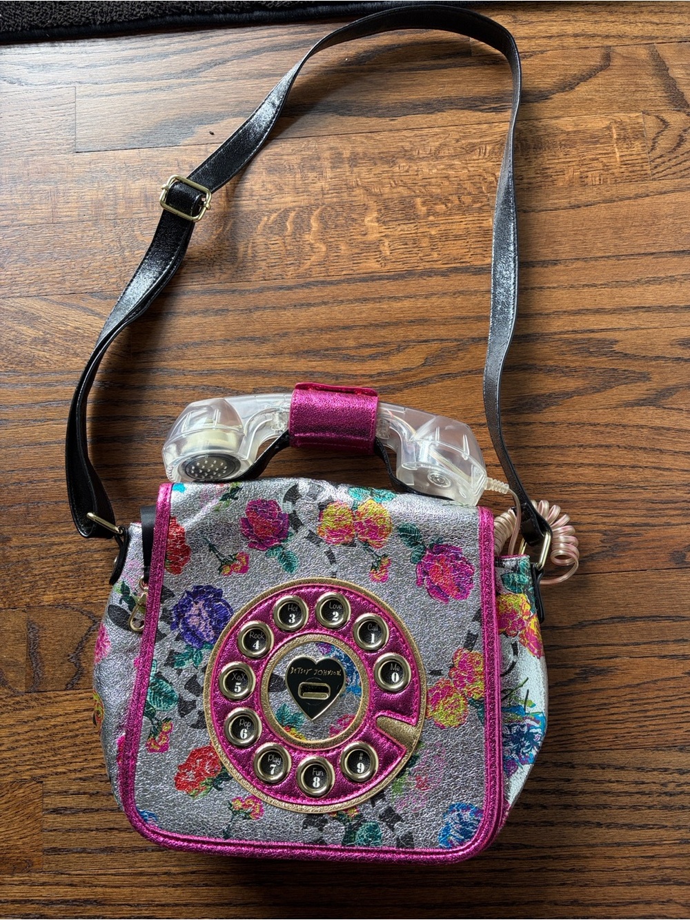 Betsey Johnson Silver Floral Crossbody with Pink Trim and Clear Handset Accent - Picture 4 of 4